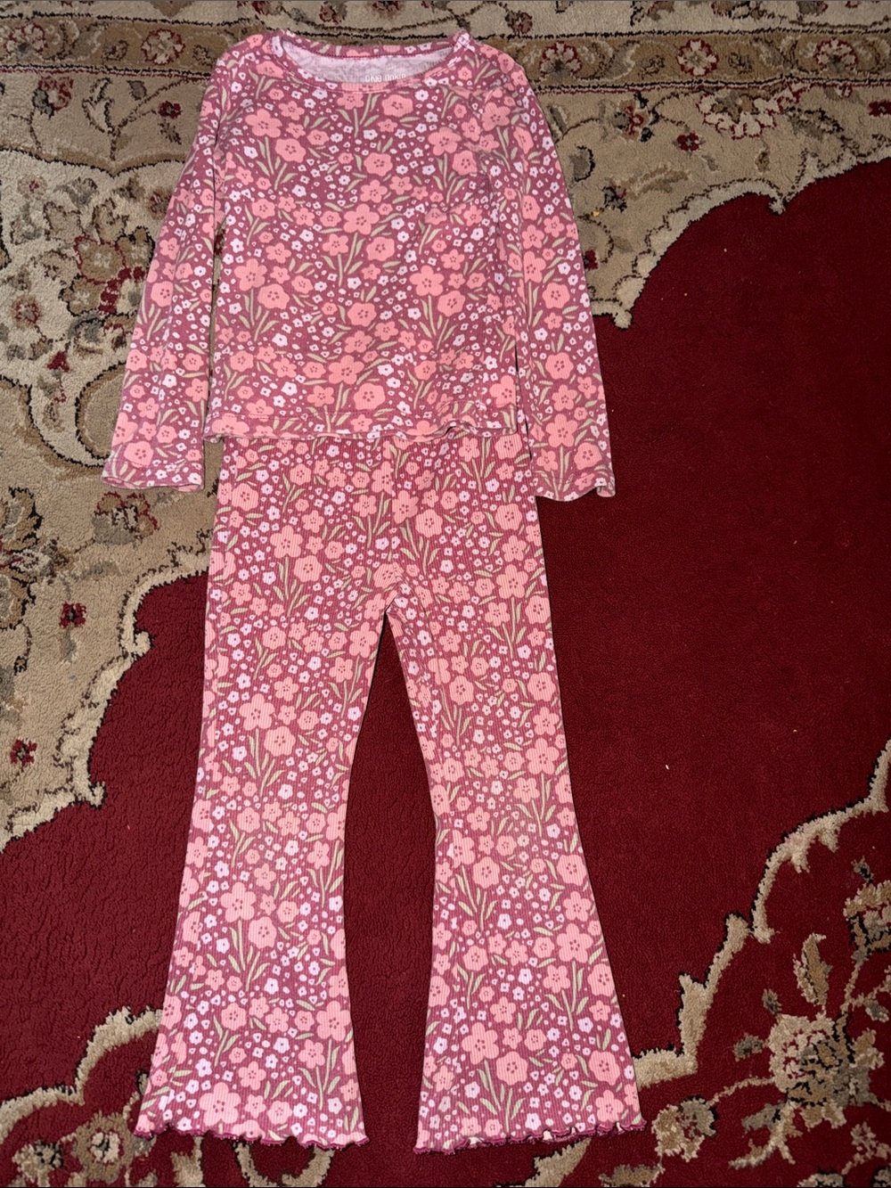 okie dokie Pink Floral Long Sleeve Pajama Set with Coordinating Pants